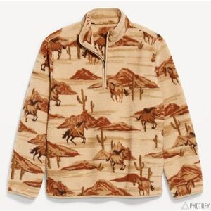 SMALL ● NWT Mens Old Navy Western Horse Sherpa Fleece Quarter Zip Sweater Jacket